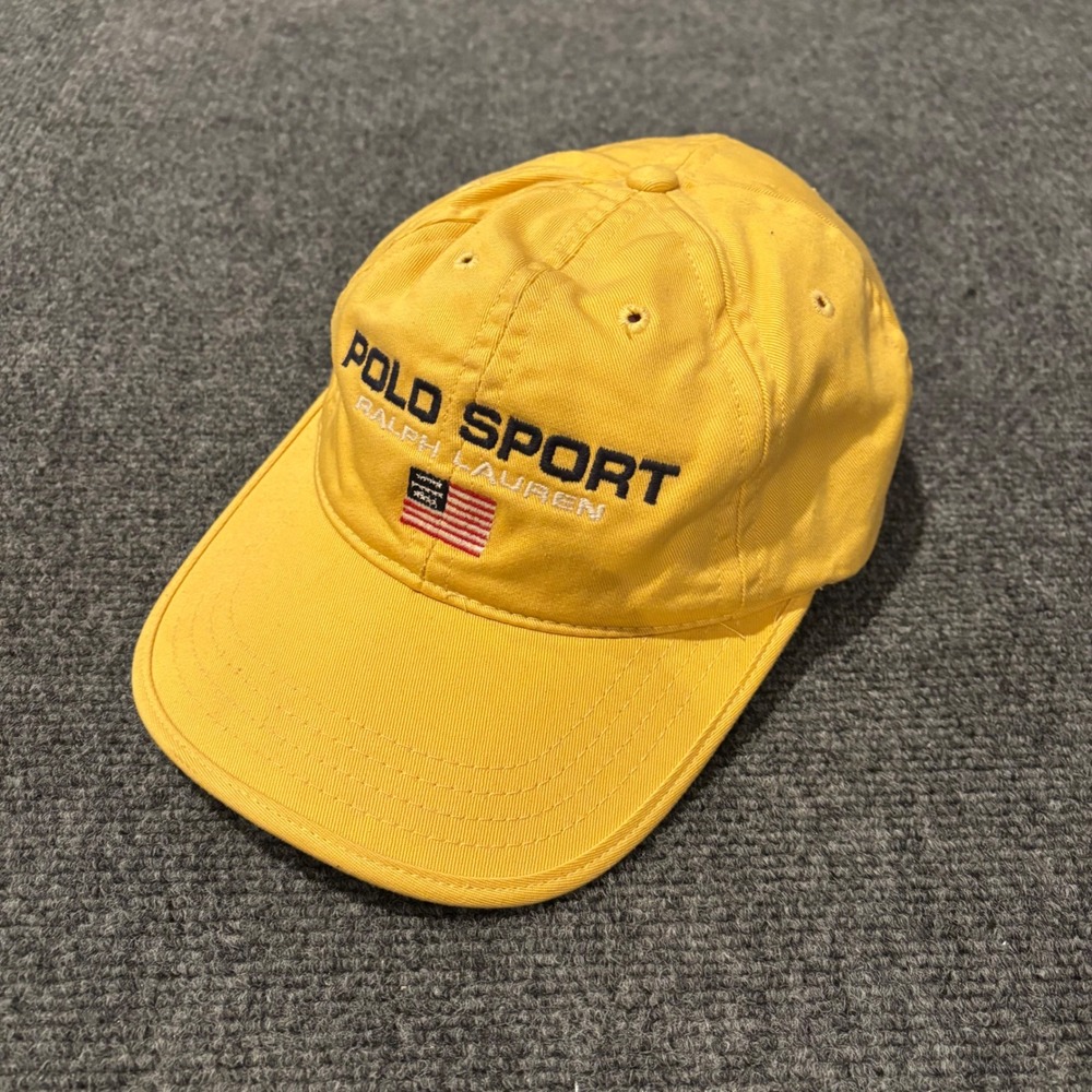 VTG Polo Sport Ralph Lauren Yellow Baseball Hat Leather Strap American Flag Cap
